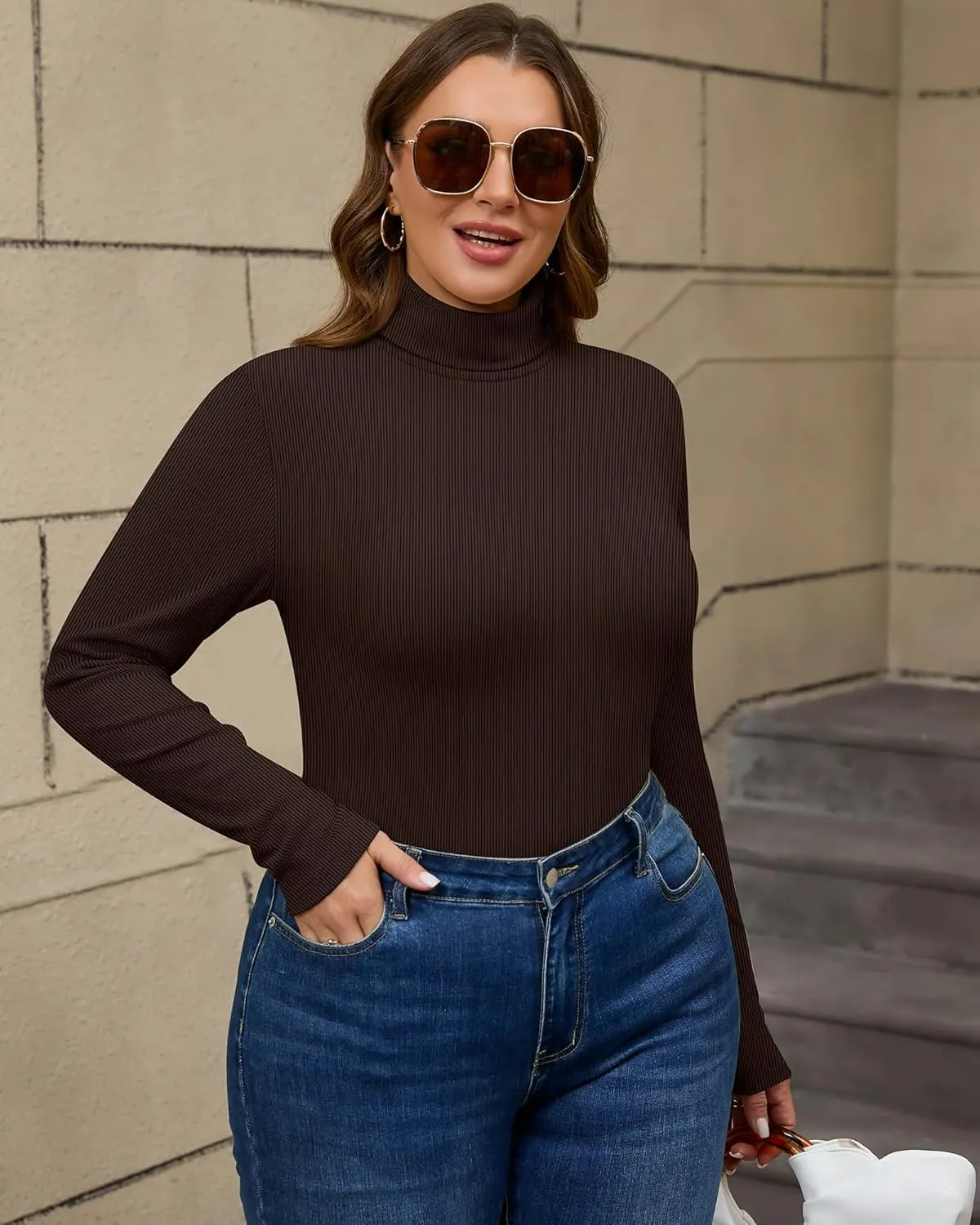Ficerd Women's 3 Pack Plus Size Thermal Turtleneck Tops Ribbed Long Sleeve Shirts Stretch Slim Fit Base Layer
