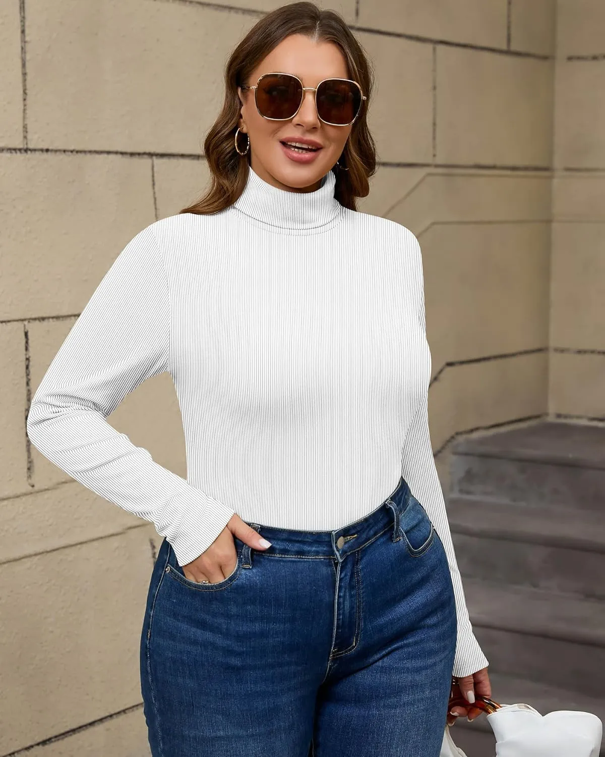 Ficerd Women's 3 Pack Plus Size Thermal Turtleneck Tops Ribbed Long Sleeve Shirts Stretch Slim Fit Base Layer