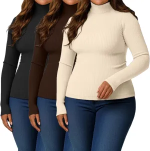 Ficerd Women's 3 Pack Plus Size Thermal Turtleneck Tops Ribbed Long Sleeve Shirts Stretch Slim Fit Base Layer
