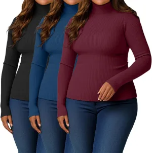 Ficerd Women's 3 Pack Plus Size Thermal Turtleneck Tops Ribbed Long Sleeve Shirts Stretch Slim Fit Base Layer