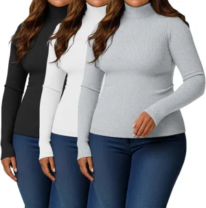 Ficerd Women's 3 Pack Plus Size Thermal Turtleneck Tops Ribbed Long Sleeve Shirts Stretch Slim Fit Base Layer