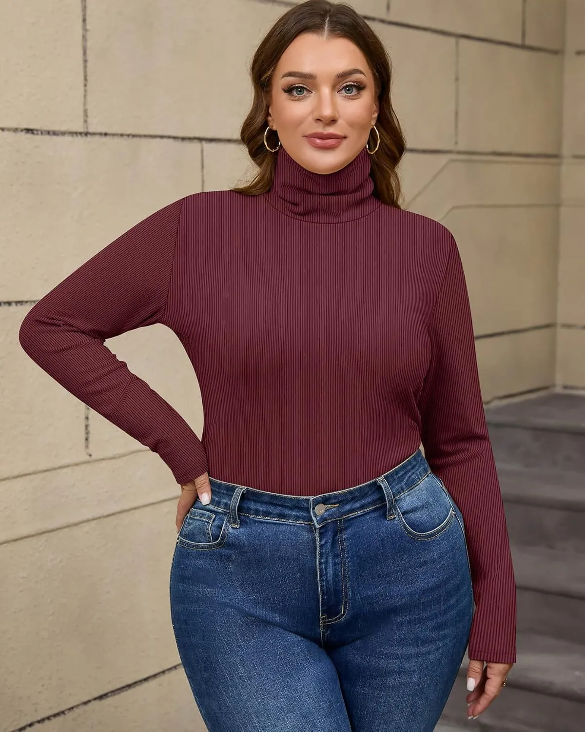 Ficerd Women's 3 Pack Plus Size Thermal Turtleneck Tops Ribbed Long Sleeve Shirts Stretch Slim Fit Base Layer