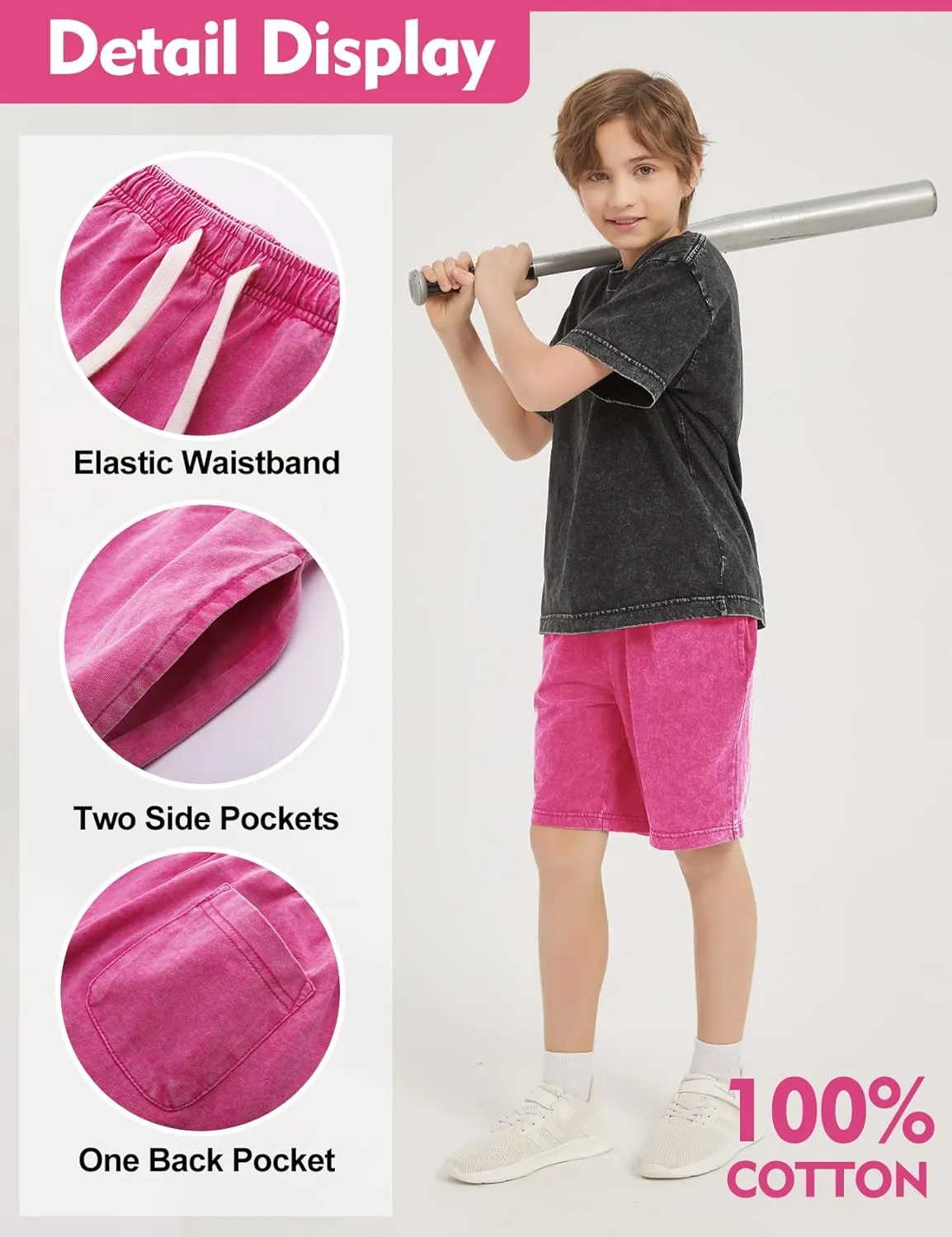 Flygo 2 Pack Boys Girls Cotton Shorts Acid Washed Active Pull On Jogger Shorts Kids Casual Athletic Loose Fit 5-14Y
