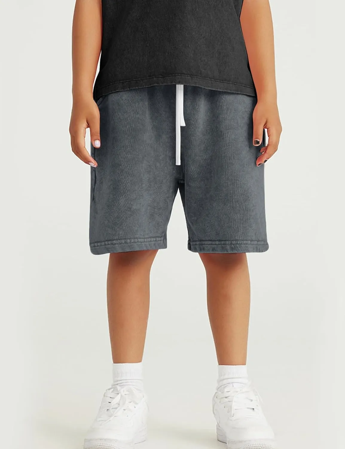 Flygo 2 Pack Boys Girls Cotton Shorts Acid Washed Active Pull On Jogger Shorts Kids Casual Athletic Loose Fit 5-14Y