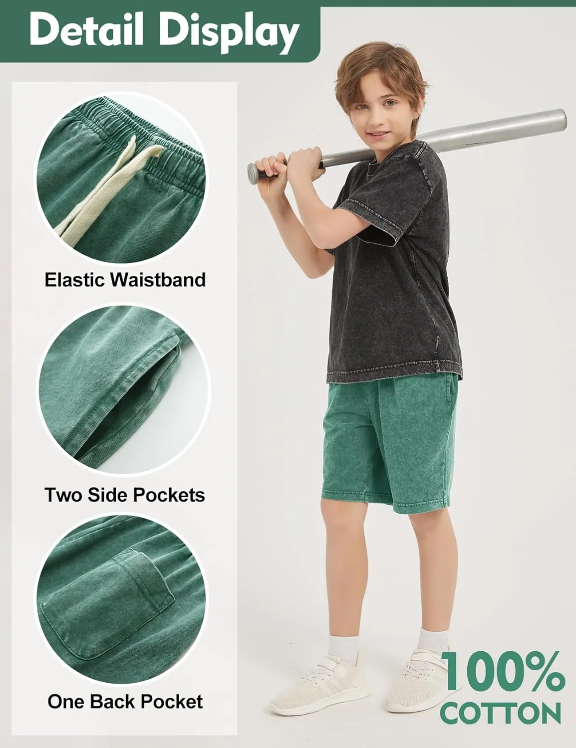 Flygo 2 Pack Boys Girls Cotton Shorts Acid Washed Active Pull On Jogger Shorts Kids Casual Athletic Loose Fit 5-14Y