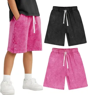 Flygo 2 Pack Boys Girls Cotton Shorts Acid Washed Active Pull On Jogger Shorts Kids Casual Athletic Loose Fit 5-14Y