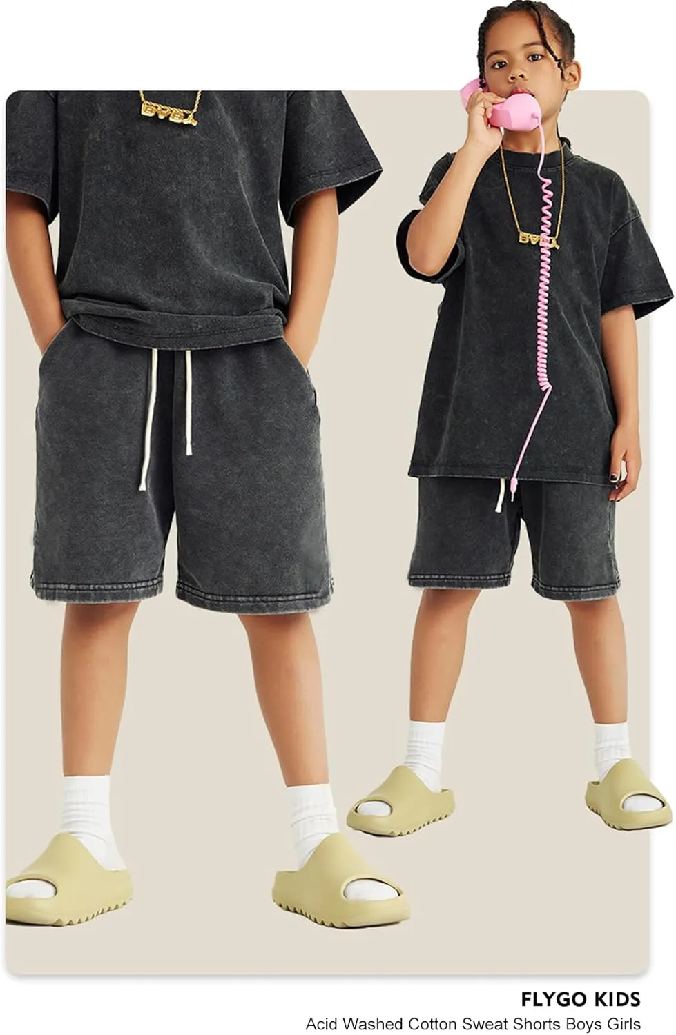 Flygo 2 Pack Boys Girls Cotton Shorts Acid Washed Active Pull On Jogger Shorts Kids Casual Athletic Loose Fit 5-14Y