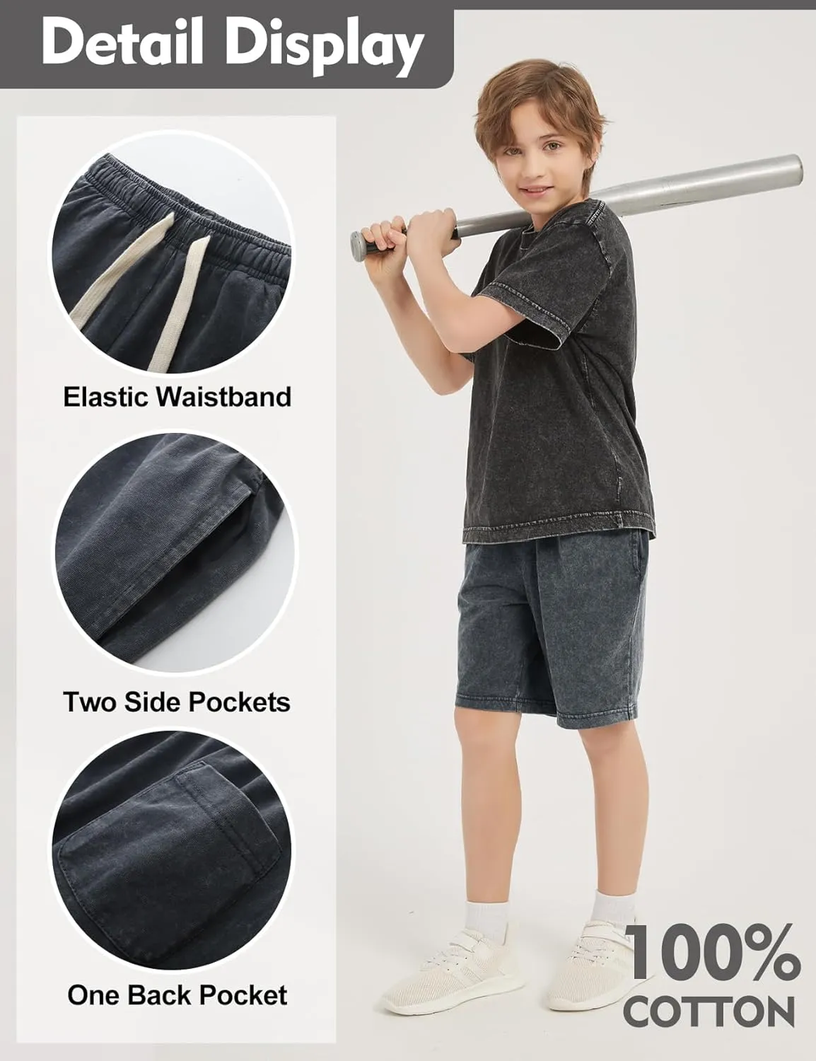 Flygo 2 Pack Boys Girls Cotton Shorts Acid Washed Active Pull On Jogger Shorts Kids Casual Athletic Loose Fit 5-14Y