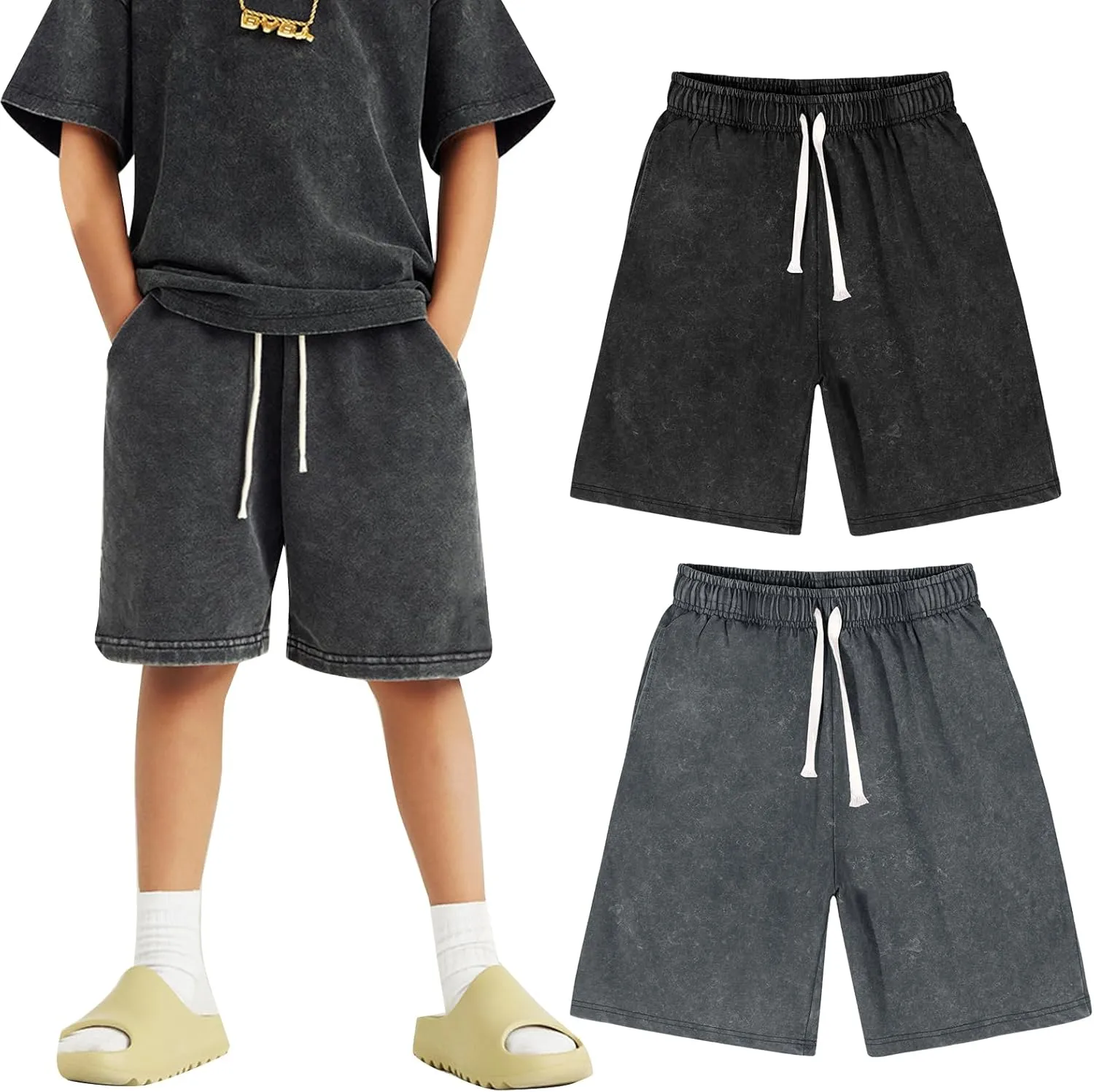Flygo 2 Pack Boys Girls Cotton Shorts Acid Washed Active Pull On Jogger Shorts Kids Casual Athletic Loose Fit 5-14Y