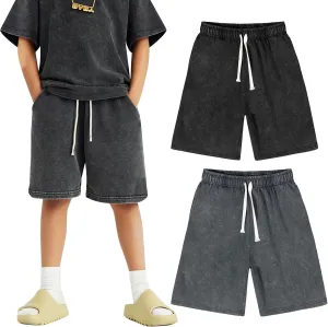 Flygo 2 Pack Boys Girls Cotton Shorts Acid Washed Active Pull On Jogger Shorts Kids Casual Athletic Loose Fit 5-14Y