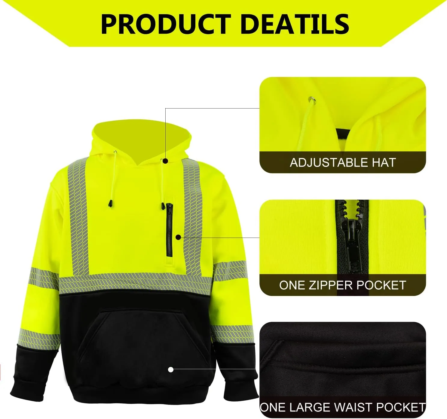 FONIRRA Hi Vis Hoodie for Men Reflective ANSI Class 3 Safety Sweatshirts High Visibility Construction Work Winter Pullover Yellow