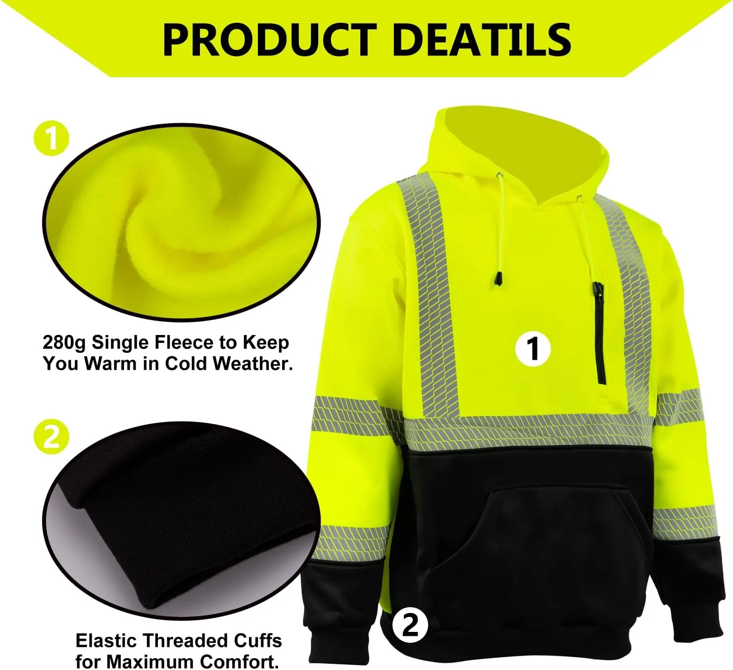 FONIRRA Hi Vis Hoodie for Men Reflective ANSI Class 3 Safety Sweatshirts High Visibility Construction Work Winter Pullover Yellow