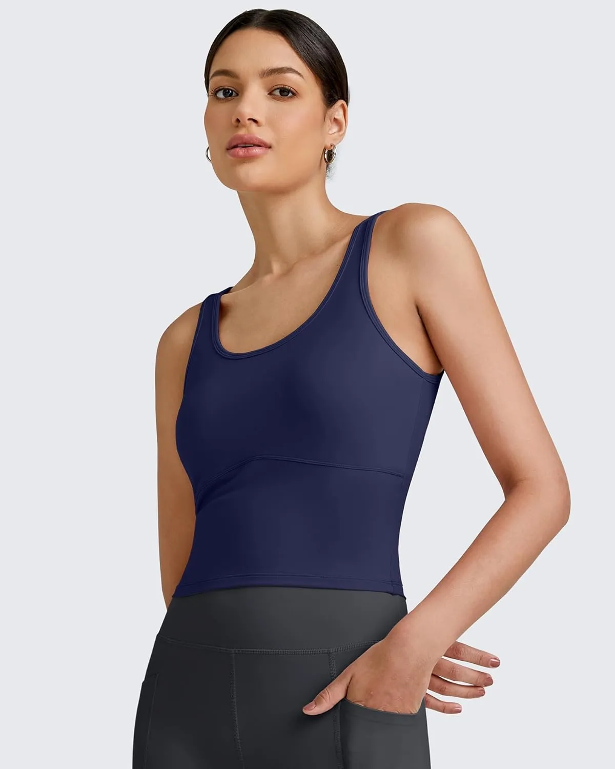 G4Free BareFeel Built in Bra Workout Tank Tops Removable Padded Longline Sports Bras Waist Length Athletic Tanks
