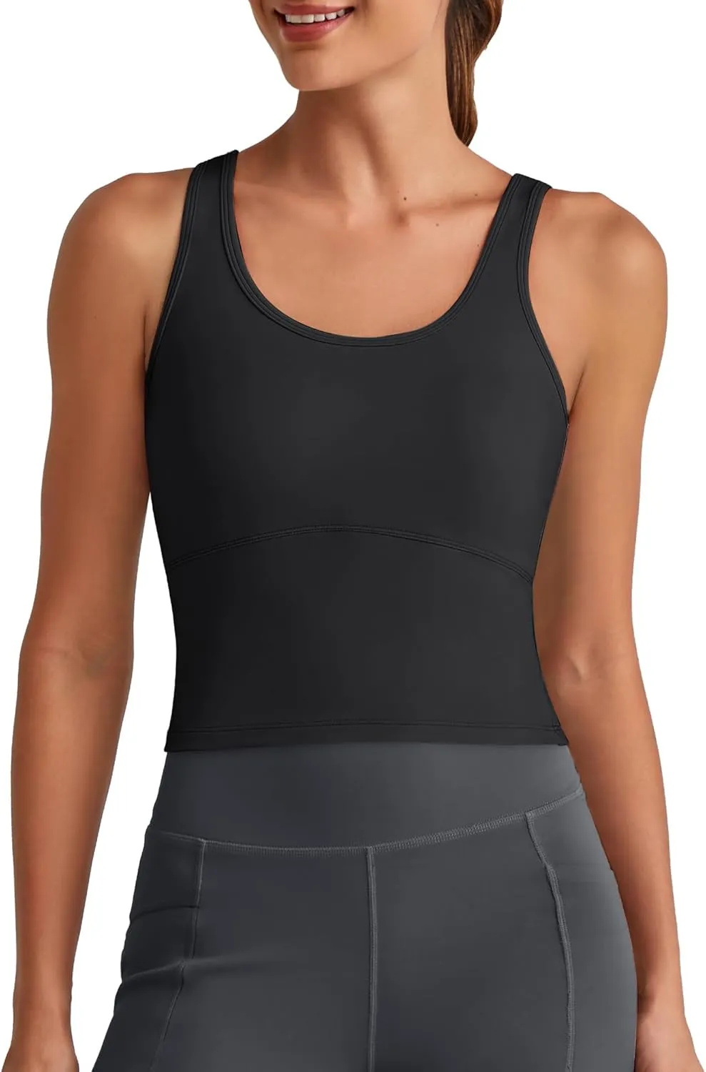 G4Free BareFeel Built in Bra Workout Tank Tops Removable Padded Longline Sports Bras Waist Length Athletic Tanks