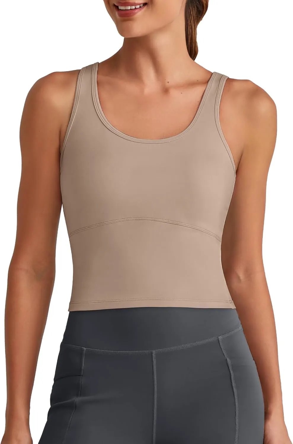G4Free BareFeel Built in Bra Workout Tank Tops Removable Padded Longline Sports Bras Waist Length Athletic Tanks