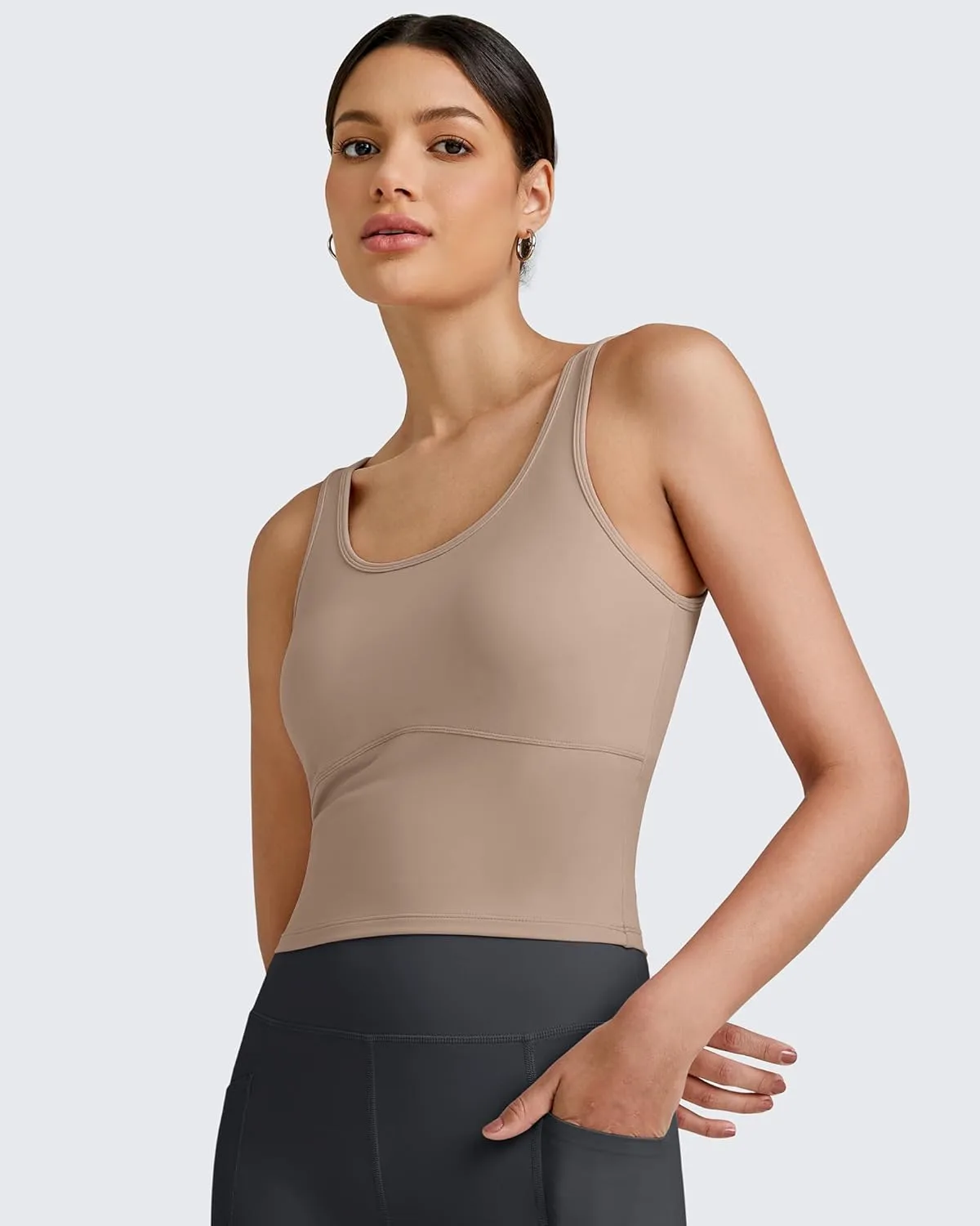 G4Free BareFeel Built in Bra Workout Tank Tops Removable Padded Longline Sports Bras Waist Length Athletic Tanks
