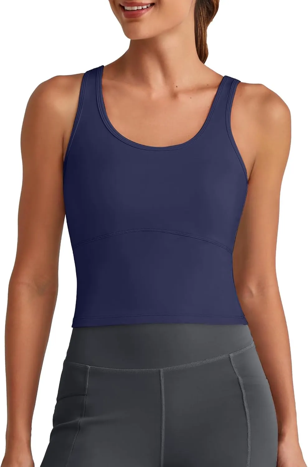 G4Free BareFeel Built in Bra Workout Tank Tops Removable Padded Longline Sports Bras Waist Length Athletic Tanks