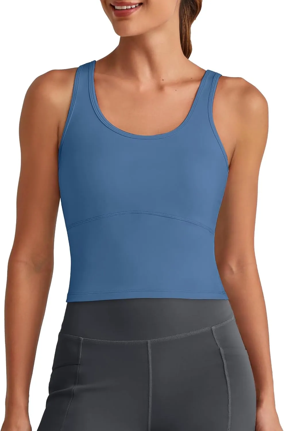 G4Free BareFeel Built in Bra Workout Tank Tops Removable Padded Longline Sports Bras Waist Length Athletic Tanks