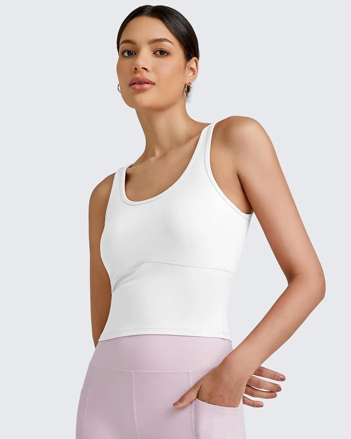 G4Free BareFeel Built in Bra Workout Tank Tops Removable Padded Longline Sports Bras Waist Length Athletic Tanks