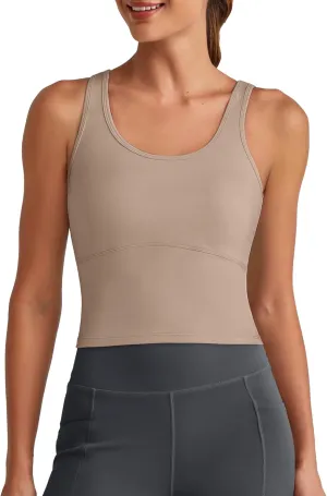 G4Free BareFeel Built in Bra Workout Tank Tops Removable Padded Longline Sports Bras Waist Length Athletic Tanks