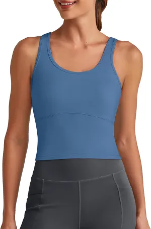 G4Free BareFeel Built in Bra Workout Tank Tops Removable Padded Longline Sports Bras Waist Length Athletic Tanks