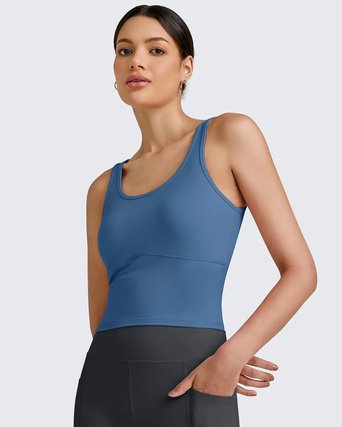 G4Free BareFeel Built in Bra Workout Tank Tops Removable Padded Longline Sports Bras Waist Length Athletic Tanks