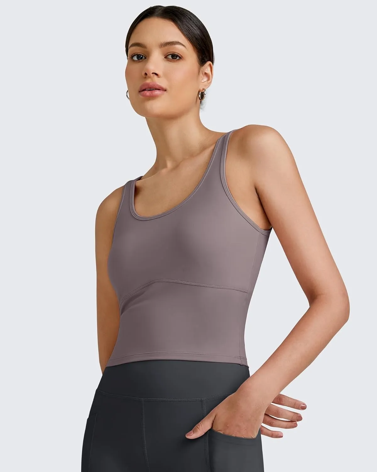 G4Free BareFeel Built in Bra Workout Tank Tops Removable Padded Longline Sports Bras Waist Length Athletic Tanks
