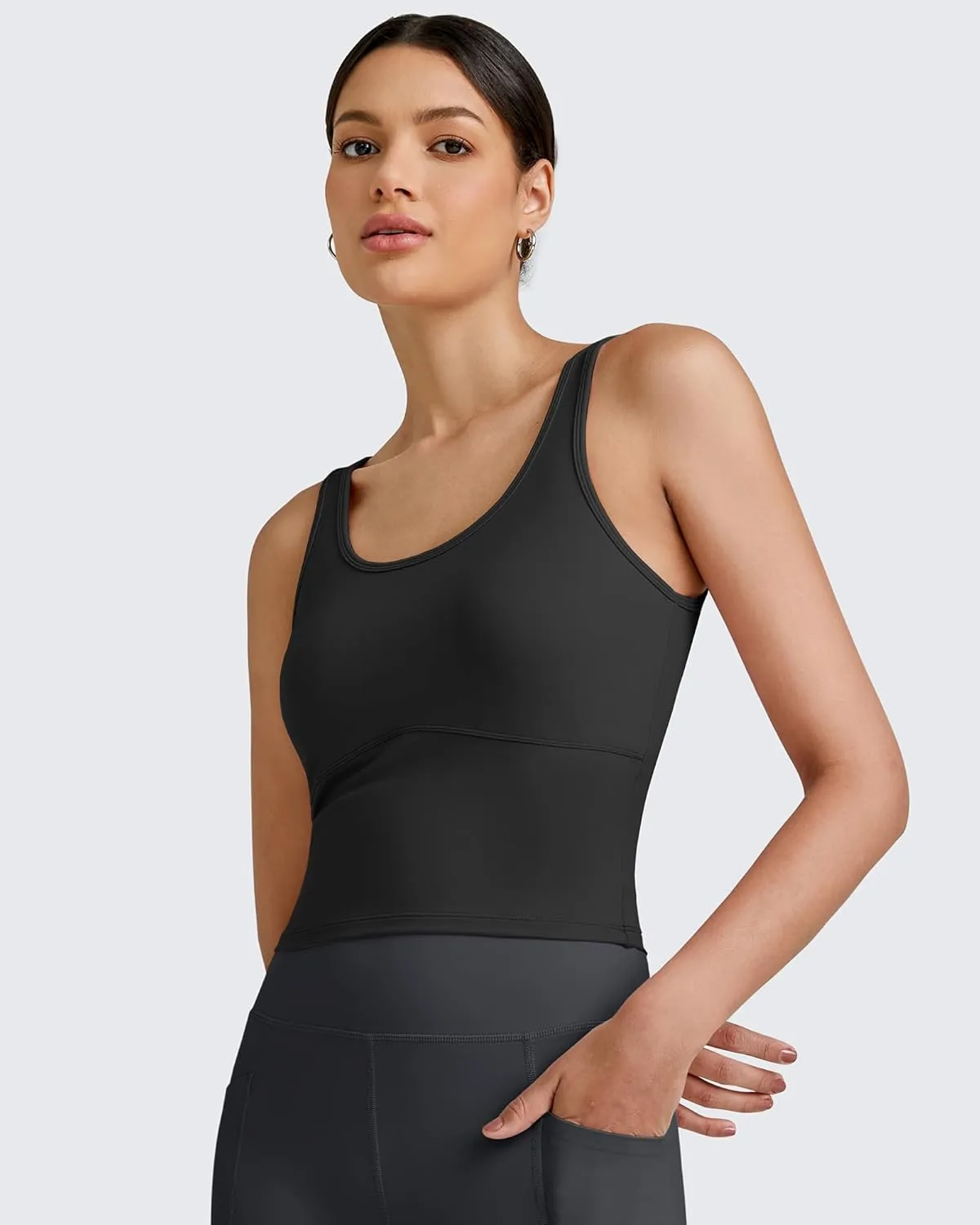 G4Free BareFeel Built in Bra Workout Tank Tops Removable Padded Longline Sports Bras Waist Length Athletic Tanks
