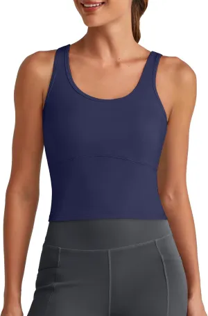 G4Free BareFeel Built in Bra Workout Tank Tops Removable Padded Longline Sports Bras Waist Length Athletic Tanks