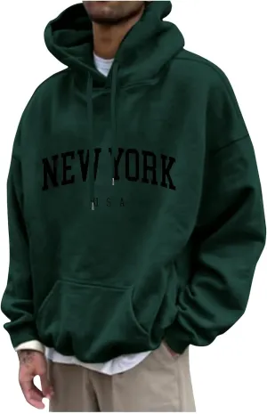 Graphic Hoodies for Men Letter Print Hoodies New York Country Sweatshirt Solid Long Sleeve Y2K Hoodie