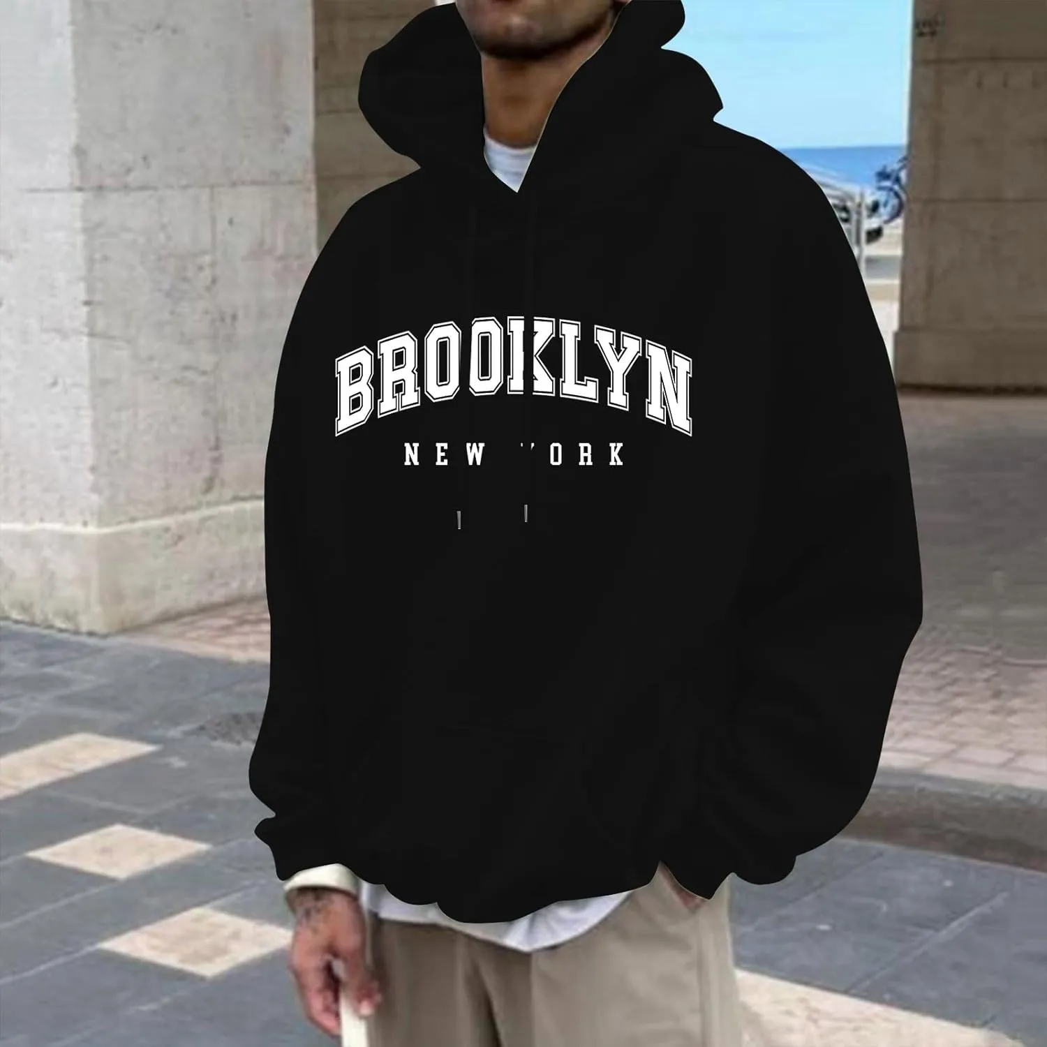Graphic Hoodies for Men Letter Print Oversized Sweatshirts Long Sleeve Drawstring Pullover Tops with Pockets Unisex
