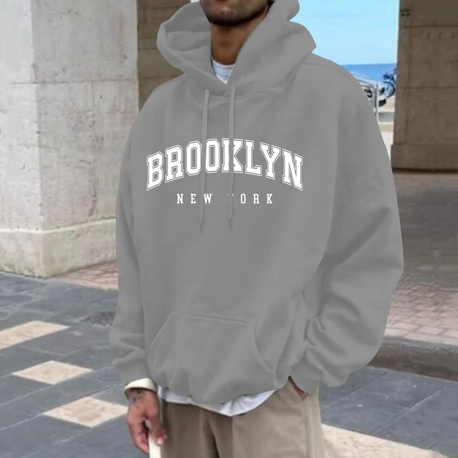 Graphic Hoodies for Men Letter Print Oversized Sweatshirts Long Sleeve Drawstring Pullover Tops with Pockets Unisex