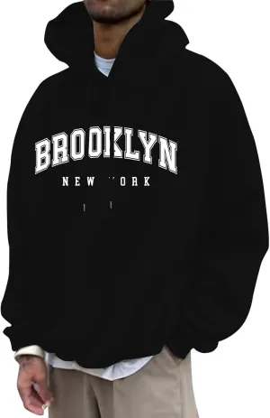 Graphic Hoodies for Men Letter Print Oversized Sweatshirts Long Sleeve Drawstring Pullover Tops with Pockets Unisex