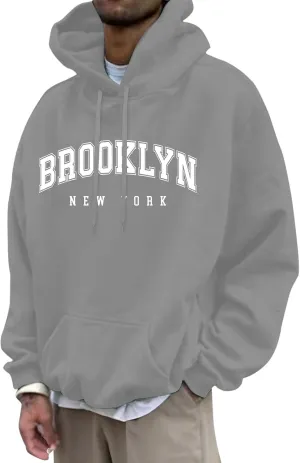 Graphic Hoodies for Men Letter Print Oversized Sweatshirts Long Sleeve Drawstring Pullover Tops with Pockets Unisex
