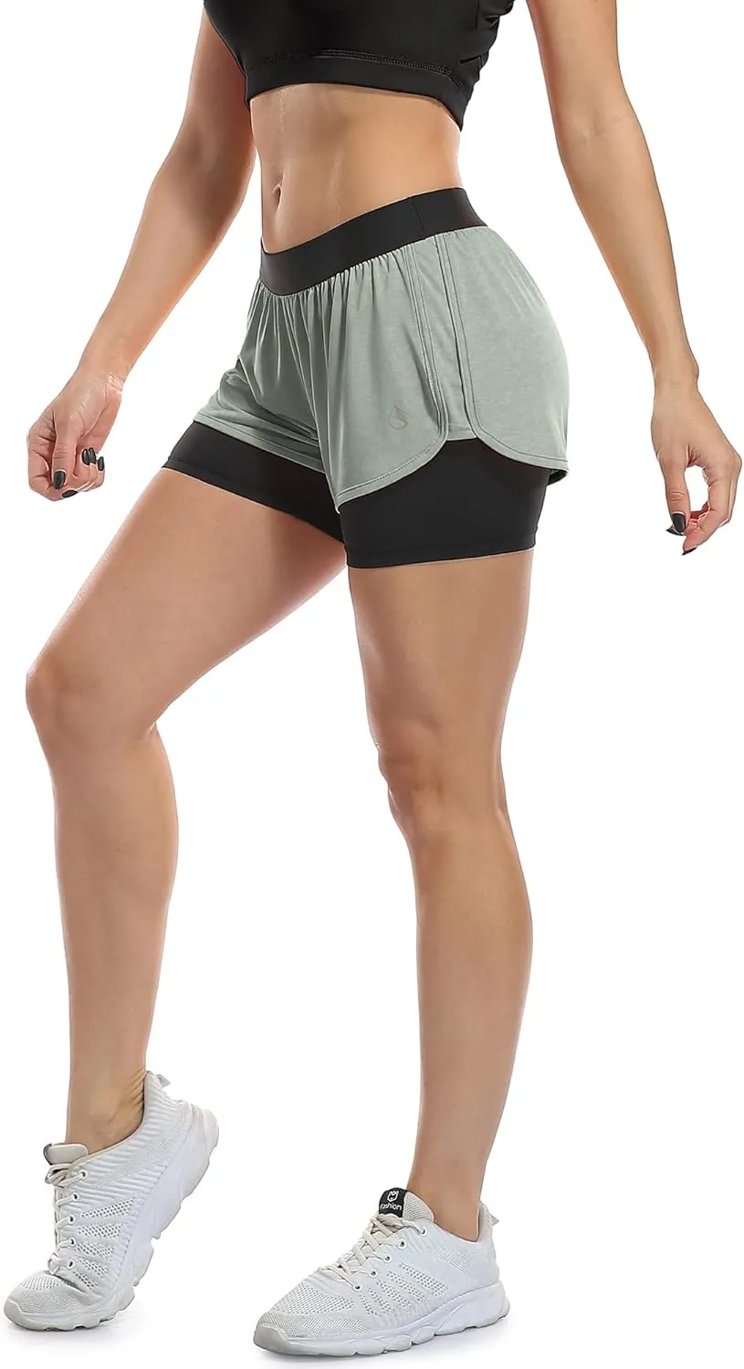 icyzone Running Yoga Shorts for Women - Activewear Workout Exercise Athletic Jogging Shorts 2-in-1