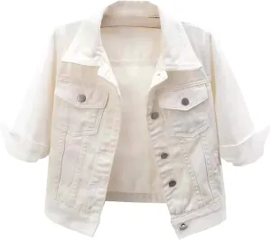 Jean Jacket for Women Trendy 2024 Plus Size 3/4 Sleeve Short Denim Jacket Casual Lapel Button Down Basic Cropped Coat