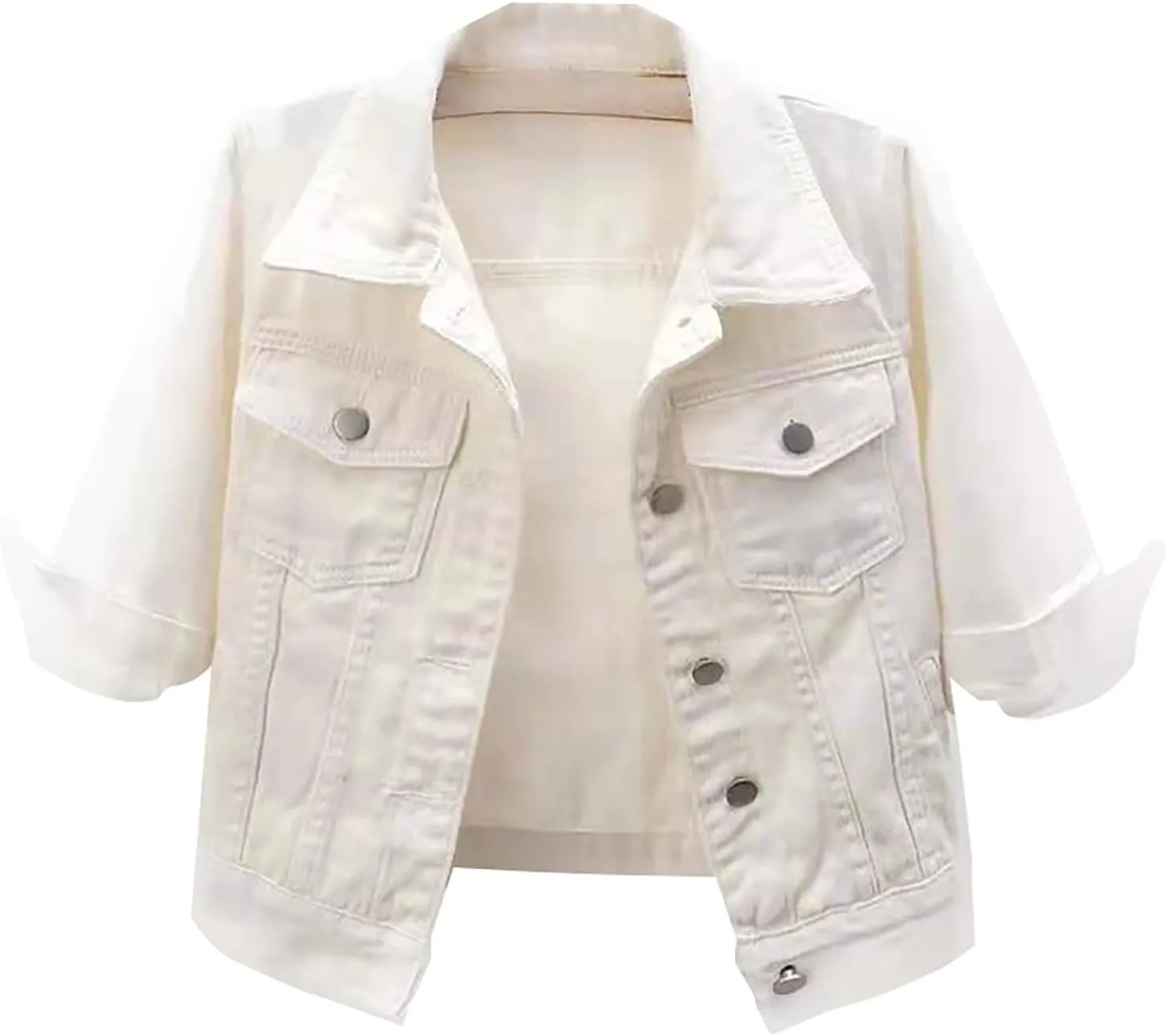 Jean Jacket for Women Trendy 2024 Plus Size 3/4 Sleeve Short Denim Jacket Casual Lapel Button Down Basic Cropped Coat