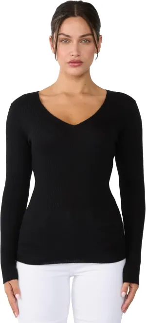 JENNIE LIU Womens 100% Cashmere V-Neck Sweater | Ribbed Tissue Weight Cashmere Sweaters for Women