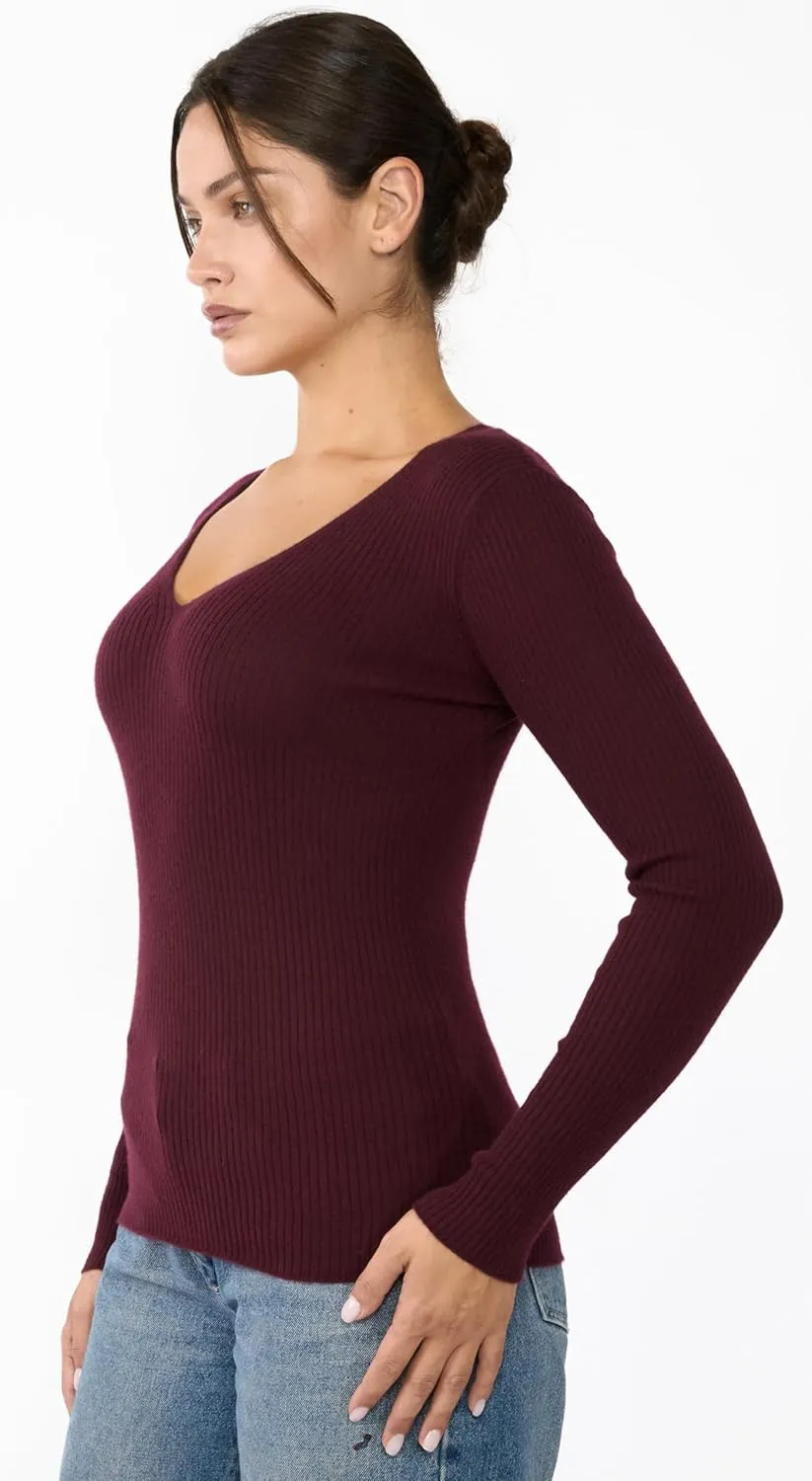 JENNIE LIU Womens 100% Cashmere V-Neck Sweater | Ribbed Tissue Weight Cashmere Sweaters for Women