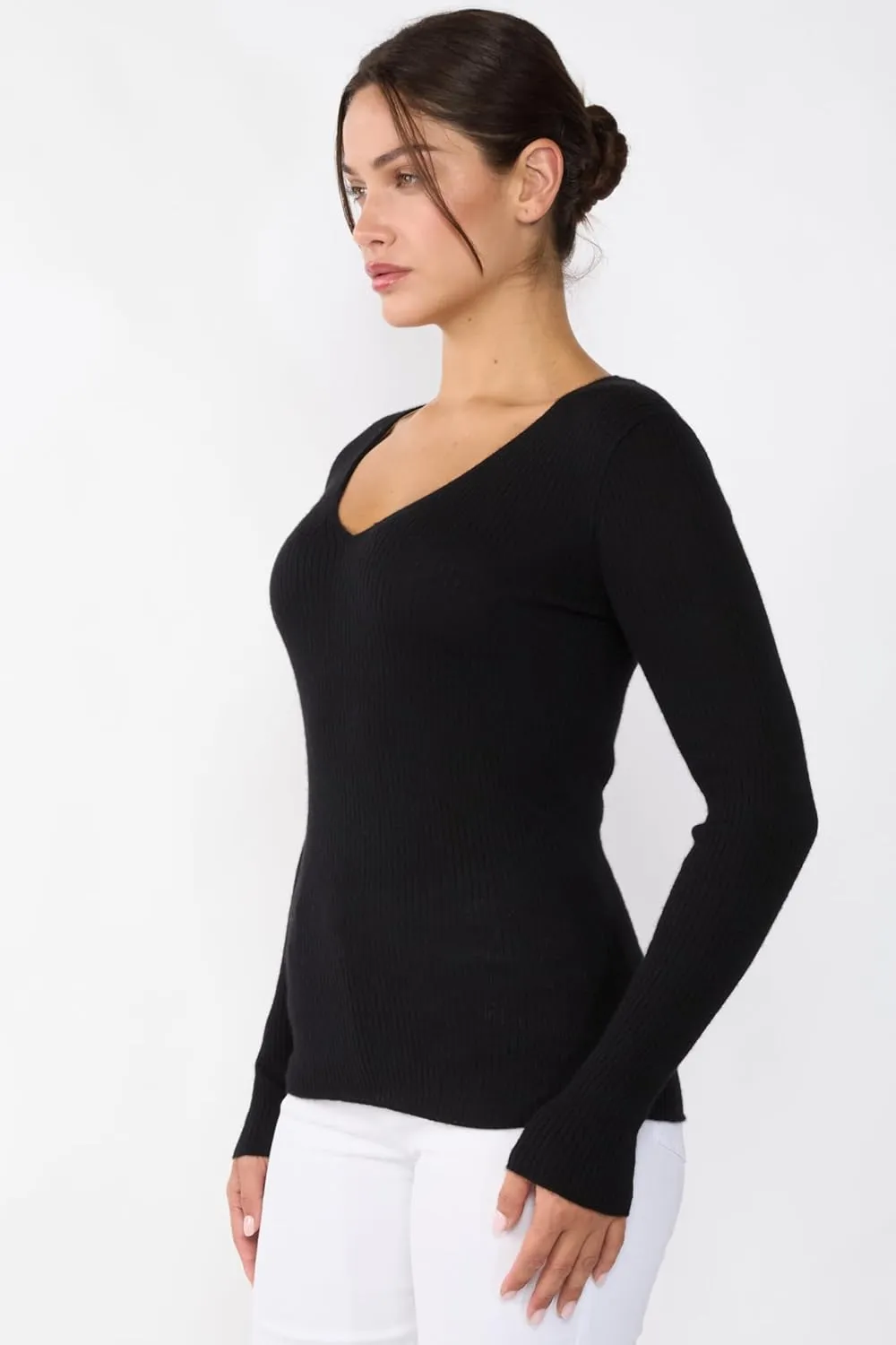 JENNIE LIU Womens 100% Cashmere V-Neck Sweater | Ribbed Tissue Weight Cashmere Sweaters for Women