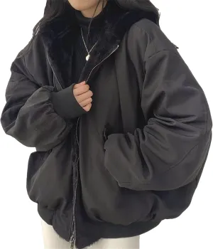 JEsilunmaMY Women's Fleece Lined Hooded Bomber Jacket Loose Zip Up Thicken Sherpa Wool Coat Warm Winter Padded Jakcets