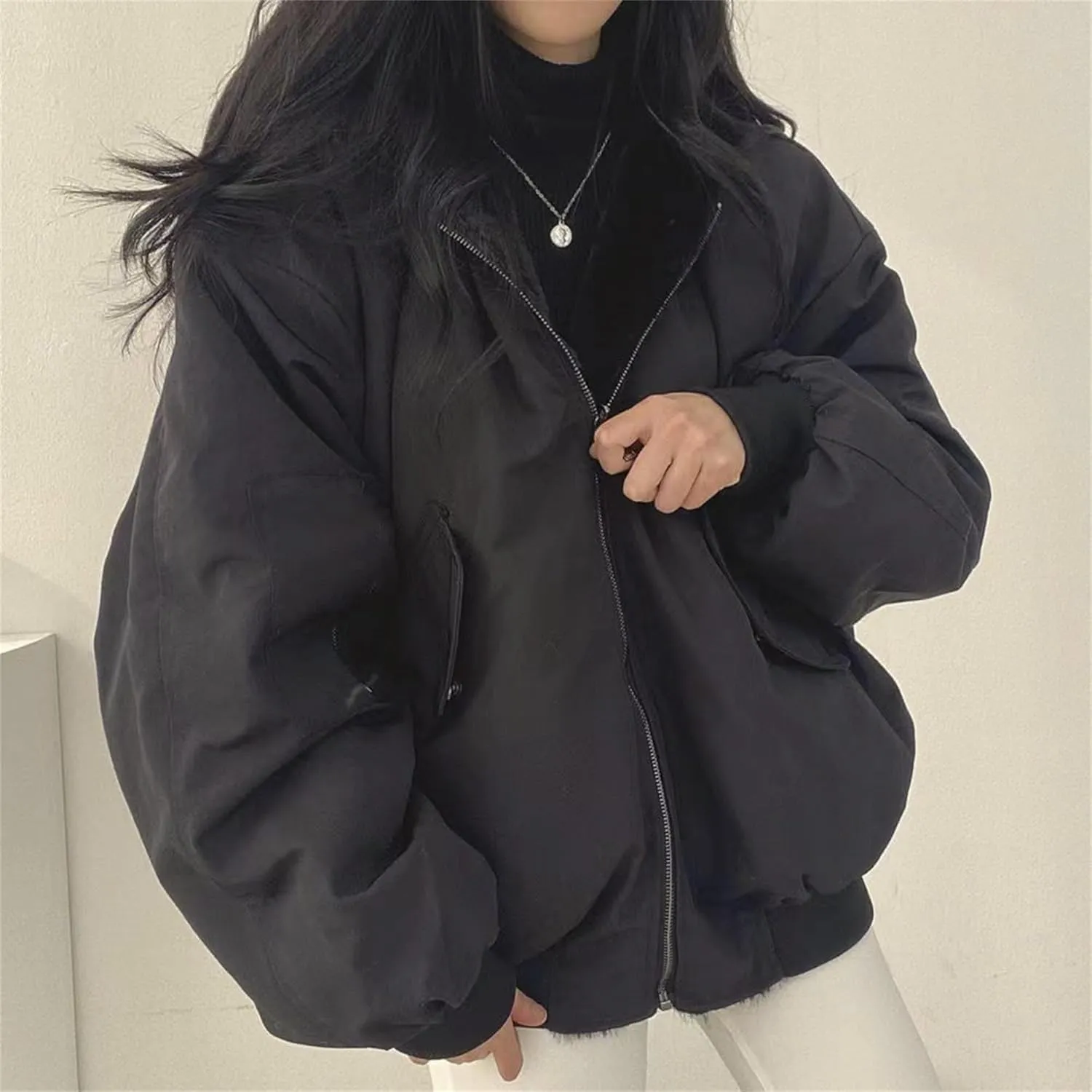 JEsilunmaMY Women's Fleece Lined Hooded Bomber Jacket Loose Zip Up Thicken Sherpa Wool Coat Warm Winter Padded Jakcets