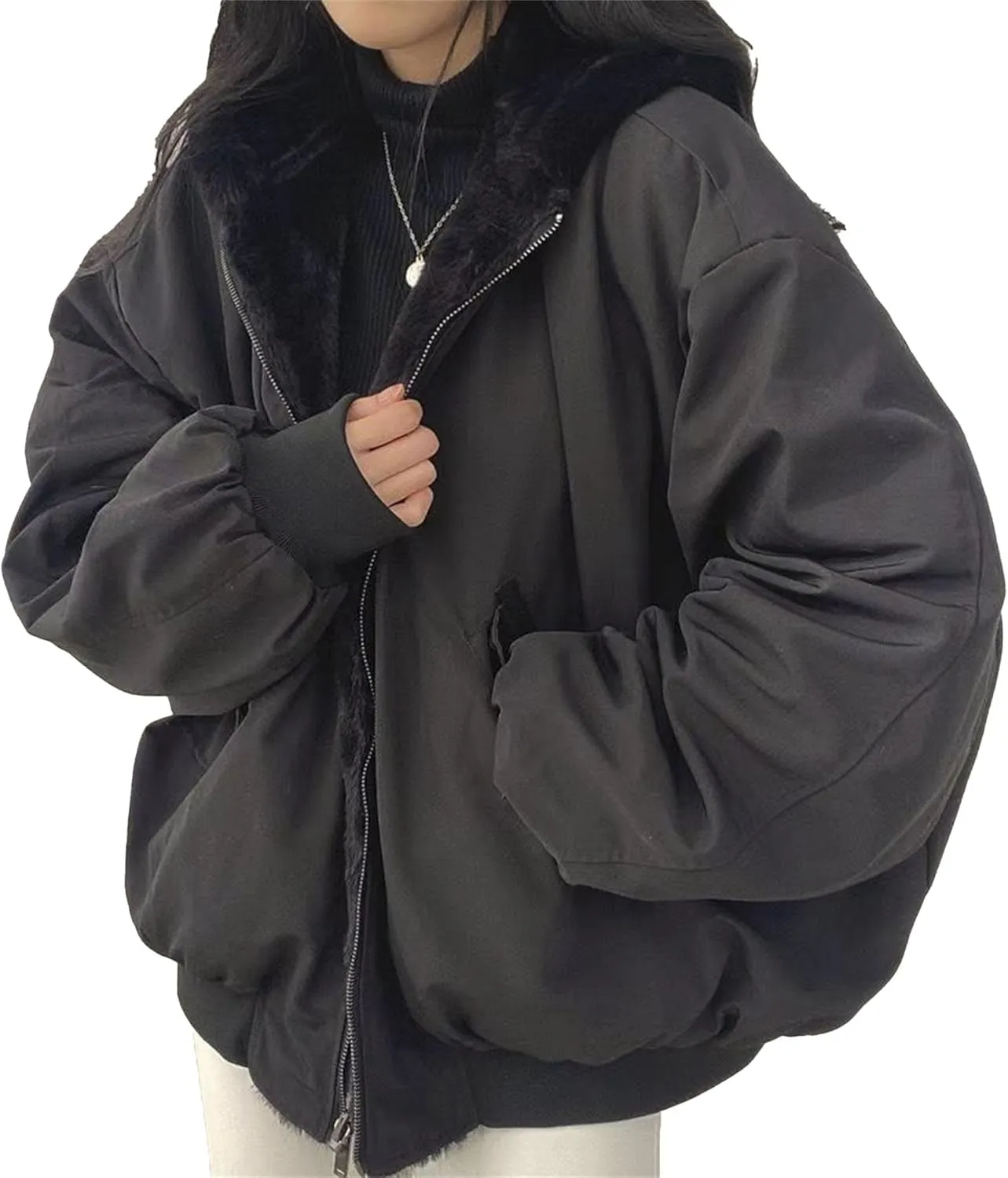 JEsilunmaMY Women's Fleece Lined Hooded Bomber Jacket Loose Zip Up Thicken Sherpa Wool Coat Warm Winter Padded Jakcets