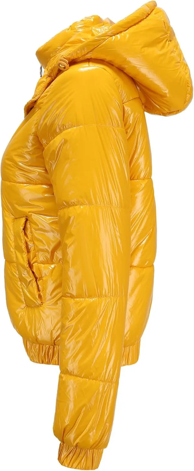 JEsilunmaMY Women's Shiny Short Winter Down Jacket Fashion Hooded Cropped Puffer Jacket Warm Thicken Padded Coats with Pocket