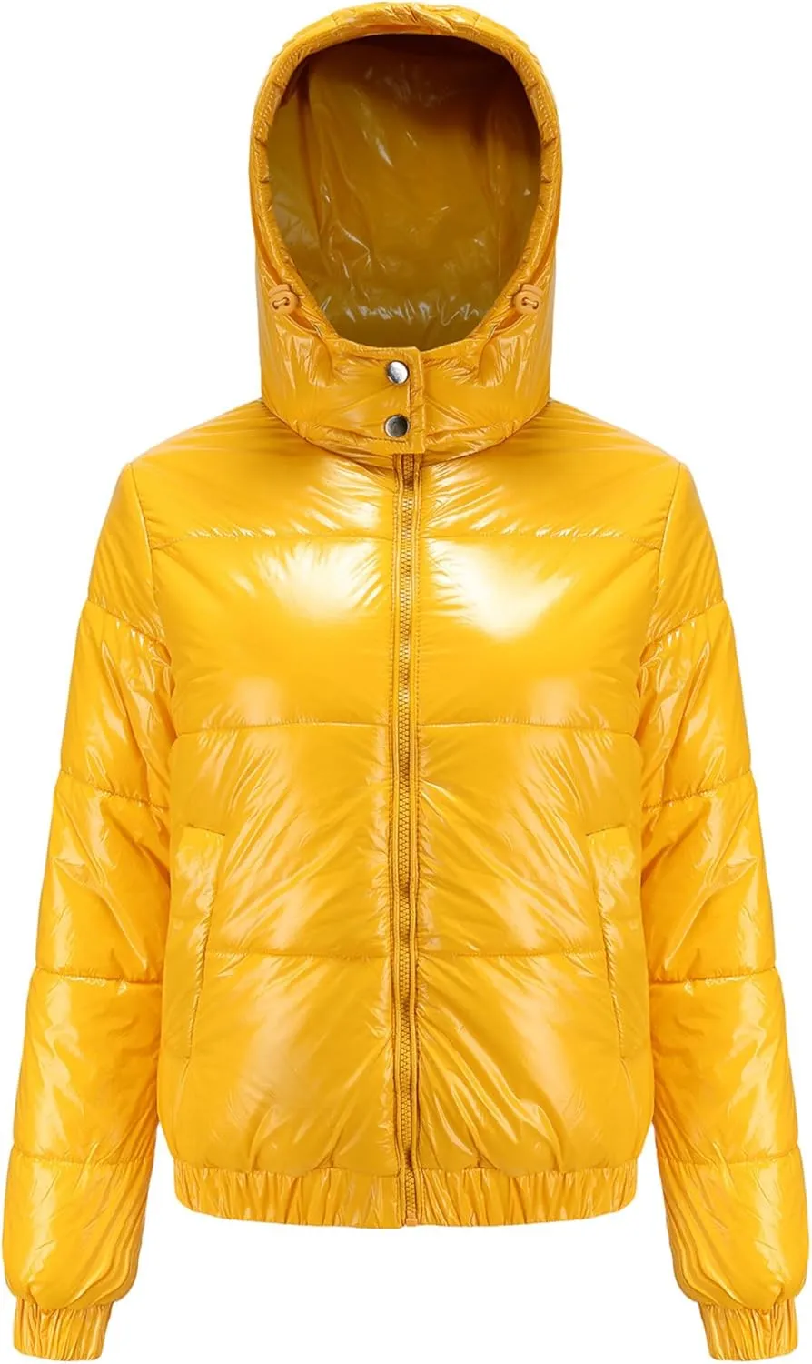 JEsilunmaMY Women's Shiny Short Winter Down Jacket Fashion Hooded Cropped Puffer Jacket Warm Thicken Padded Coats with Pocket