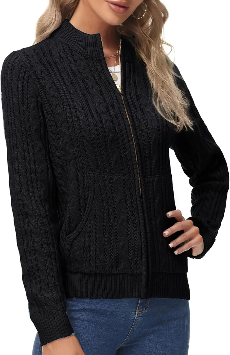 KANCY KOLE Women's Zip Up Cable Knit Sweater Long Sleeve Open Front Cardigan Warm Cardigan with Pockets Outwear Coat
