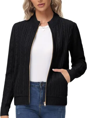 KANCY KOLE Women's Zip Up Cable Knit Sweater Long Sleeve Open Front Cardigan Warm Cardigan with Pockets Outwear Coat