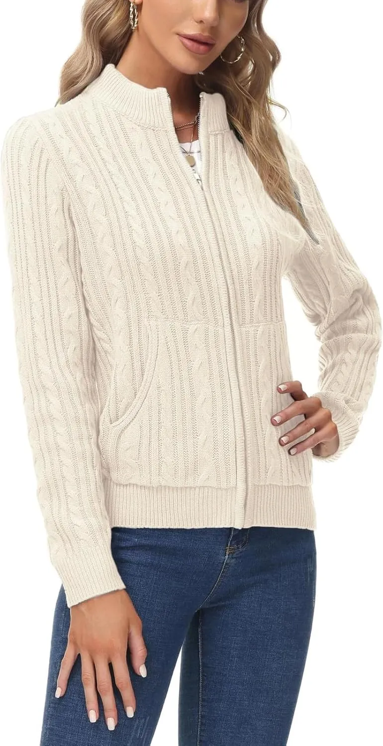 KANCY KOLE Women's Zip Up Cable Knit Sweater Long Sleeve Open Front Cardigan Warm Cardigan with Pockets Outwear Coat