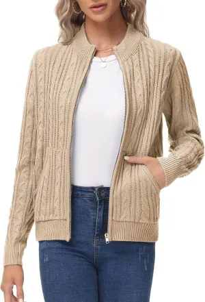 KANCY KOLE Women's Zip Up Cable Knit Sweater Long Sleeve Open Front Cardigan Warm Cardigan with Pockets Outwear Coat