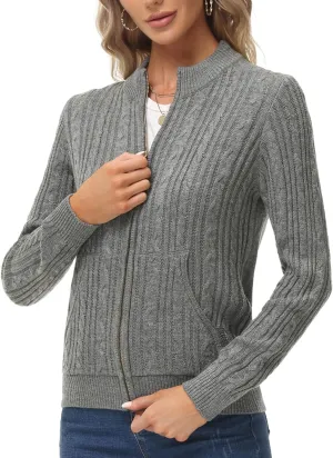 KANCY KOLE Women's Zip Up Cable Knit Sweater Long Sleeve Open Front Cardigan Warm Cardigan with Pockets Outwear Coat